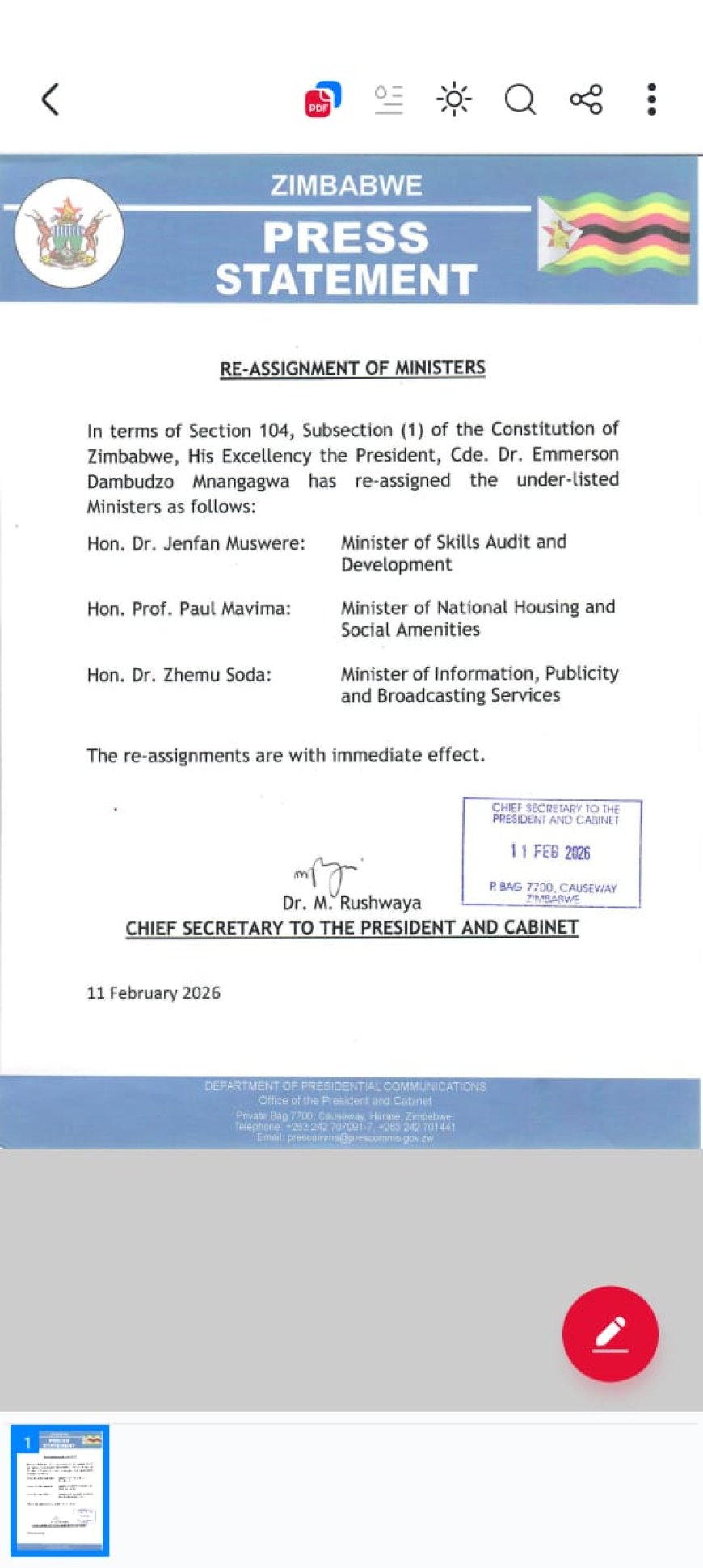 President Mnangagwa Reassigns Three Cabinet Ministers in Strategic Reshuffle